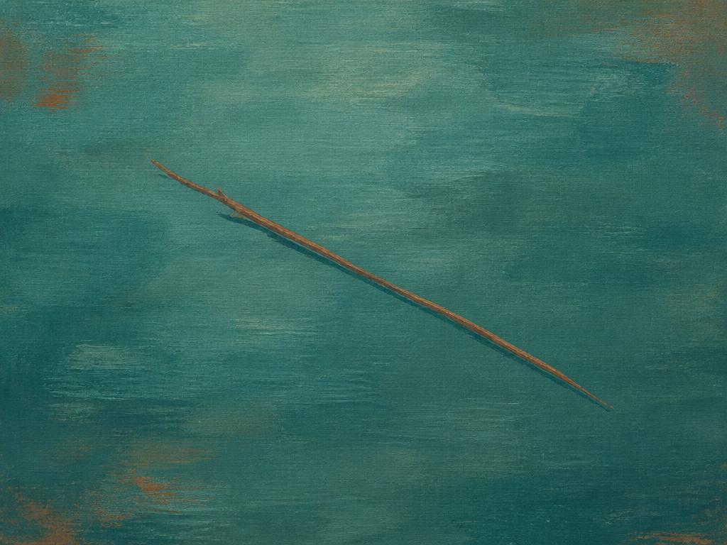 Abstract painting of a single stick resting on calm teal water